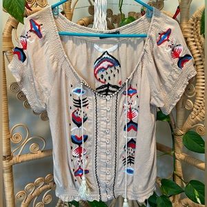 Theme Embroidered Button Down Smocked T-Shirt Size Small